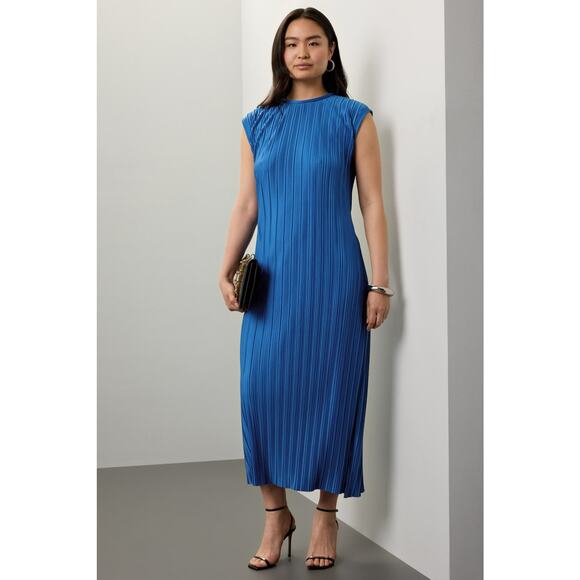 ATLEIN X RTR Navy Blue Plisse Tie Neck Sleeveless Side Slit Midi Dress Size M - Picture 2 of 16